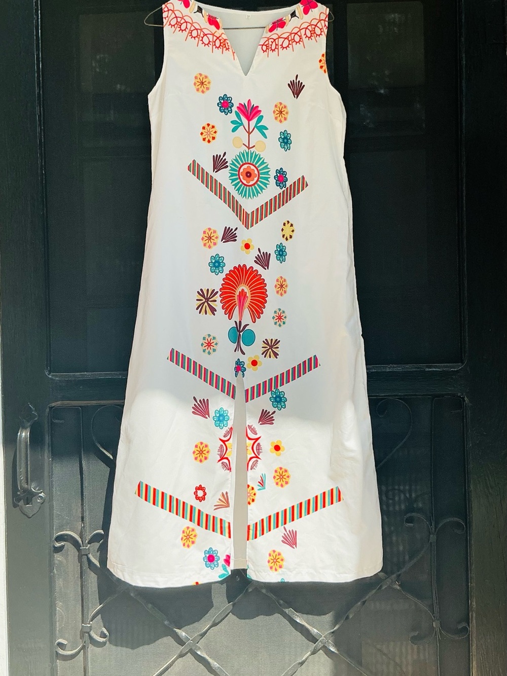 Source Unknown White Maxi Dress with Bright Multicolor Floral Embroidery